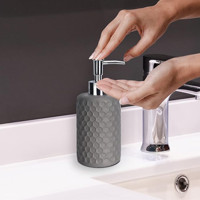 zccz Bathroom Accessory Set, 6 Piece Grey Bathroom Accessories Set with Trash Can, Toothbrush Holder, Toothbrush Cup, Soap Dispenser, Soap Dish, Toilet Brush with Holder, Trash Can, Light Gray
