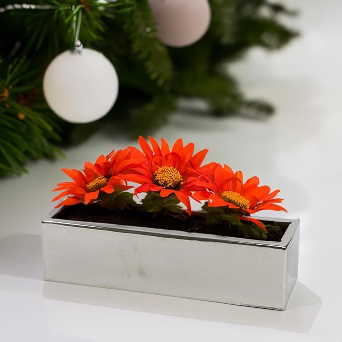 WGVI Long Rectangle Ceramic Planter Vase in Silver 14" x 4" x 4"H, Rectangular Box Block Terrarium Pot, Flower Arrangement, Tabletop Centerpiece, Home Decor Organization Storage Container, 1 Pc.