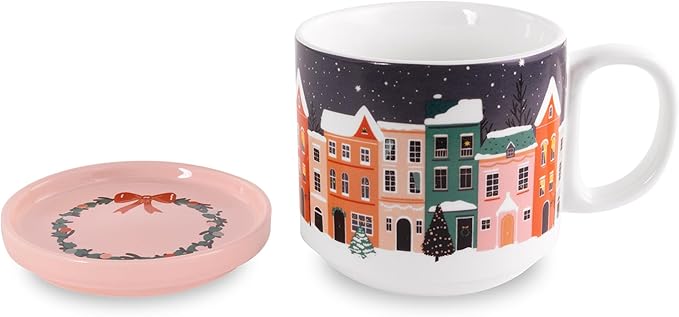 Steel Mill & Co Book Lovers Mug with Coaster/Lid, Cute Coffee/Tea Ceramic Mug with Handle for Book Club, Reading Themed Coffee Cup, Holiday Village