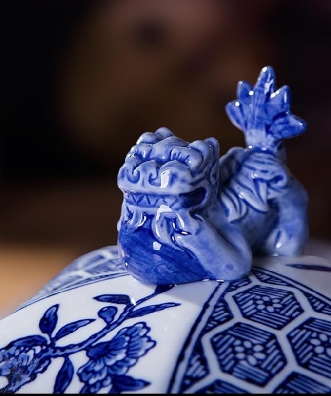 Classic Blue and White Ceramic Porcelain Jar Vase, Hexagon Canister, Sugar Candy Container, Tea Container, Lion Button Lid, Hand-Crafted Chinoiserie Decor