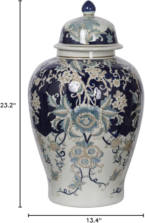 A&B Home 23" Tall Porcelain Vase with Lid Ceramic Blue and White Floral Print Ginger Jar Display Storage Asian Decor Centerpiece