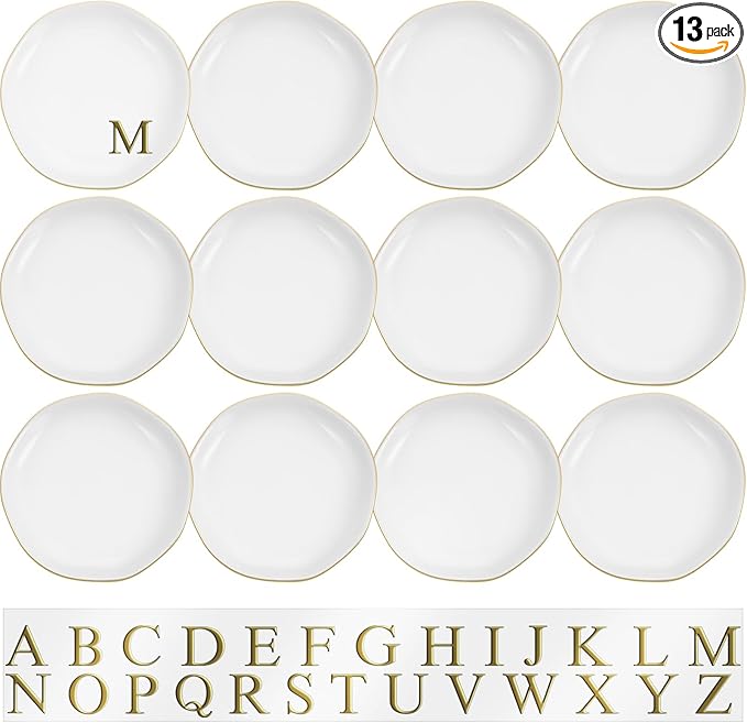 Shappy 12 Pcs Initial Ceramic Jewelry Tray with 26pcs Gold Copper Personalized Monogram, 4.5 Inch Decorative Trinket Dish Plate Bulk for Ring Earring Necklace for Women Wedding Birthday Gift(Round)