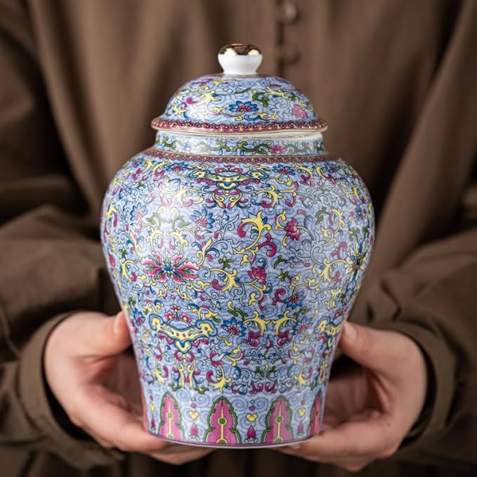 fanquare Porcelain Airtight Canister for Loose Tea Coffee Bean, Imitation Enamel Style Ceramic Tea Bag Sealer, Vintage Chinese Style Storage Caddy Sugar Jar, Desktop Vase for Decor Ginger Jar