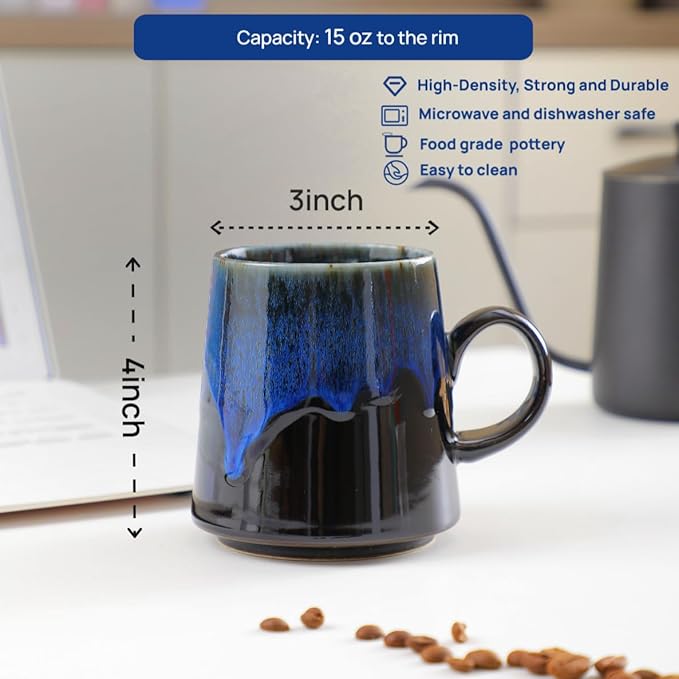 15oz Japanese style Handmade Ceramic Coffee Mug - Unique Pottery tea cup, Lead-free Artisanal stoneware ceramic tea mug, Dishwasher & Microwave Safe Coffee cup for office and home, Blue and Black