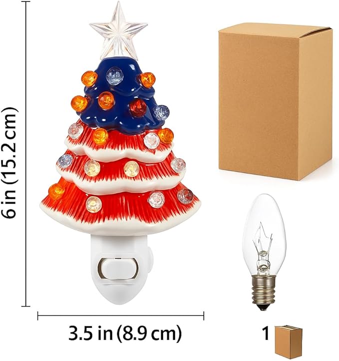 4th of July Patriotic Ceramic Christmas Tree Night Light, 6-Inch Plug-in Vintage Holiday Lamp with 28 Red White Blue Lights, 360° Rotating UL Plug, Warm Glow & Bulb Included (USA Flag)
