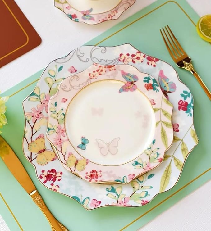 Bone China Dessert Plate/Salad Plate Ceramic Plate for Breakfast Afternoon Tea- Butterfly Pattern (Pink (7.5inches Salad Plate))