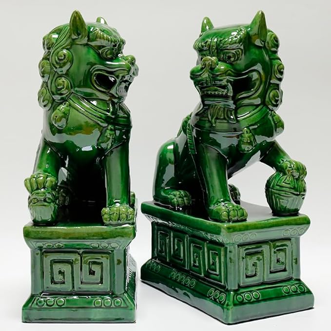 Sancai Ceramic Foo Dogs, Pair of Tang Dynasty Feng Shui Guardian Lions, Handcrafted Statues for Home and Office Decor,Green,7.48 * 12.2in