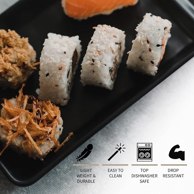 Sushi Serving Set, with 4 Japanese Sushi Serving Plate, 4 Soy Sauce Dish, 4 pairs of chopsticks and 4 chopsticks stands- Melamine Serving Set for Sushi (Black)
