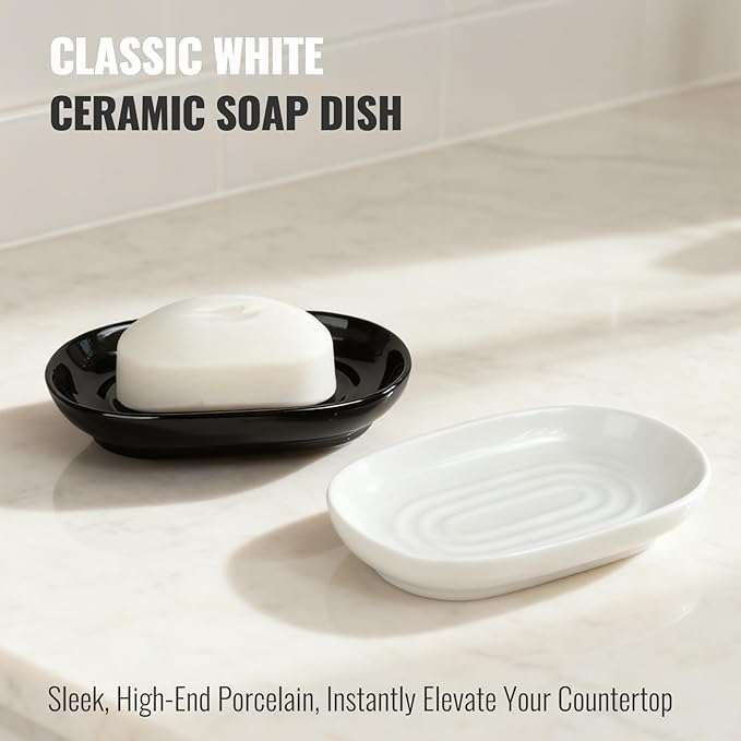 White Ceramic Soap Dish, Minimalist Bar Soap Holder - Elegant Hostess Gift, Housewarming Gift for New Home, Decorative Soap Tray for Bathroom, Kitchen