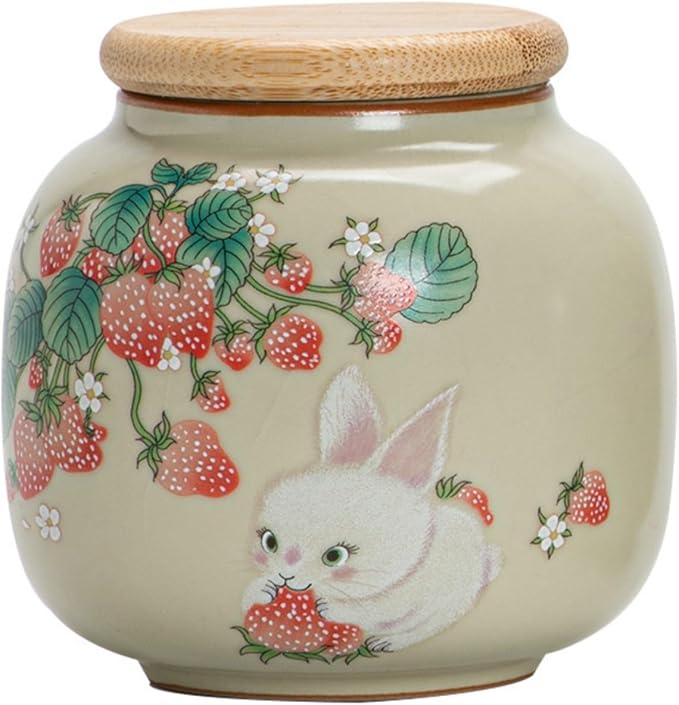 9oz Small Ceramic Tea Canister with Airtight Lid - Adorable Animal Design Storage Jar for Loose Leaf Tea, Coffee, Sugar, Cookies - Decorative Kitchen & Pantry Organizer (Bunny-A)