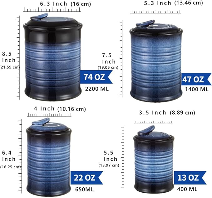 Nihow Food Storage Jar Sets: Ceramic Container with Air Tight Lid for Flour/Sugar/Rice/Coffee/Cookies/Candy - Seal Damp-proof Canister for The Kitchen Counter - Set of 4 （Blue & Black）