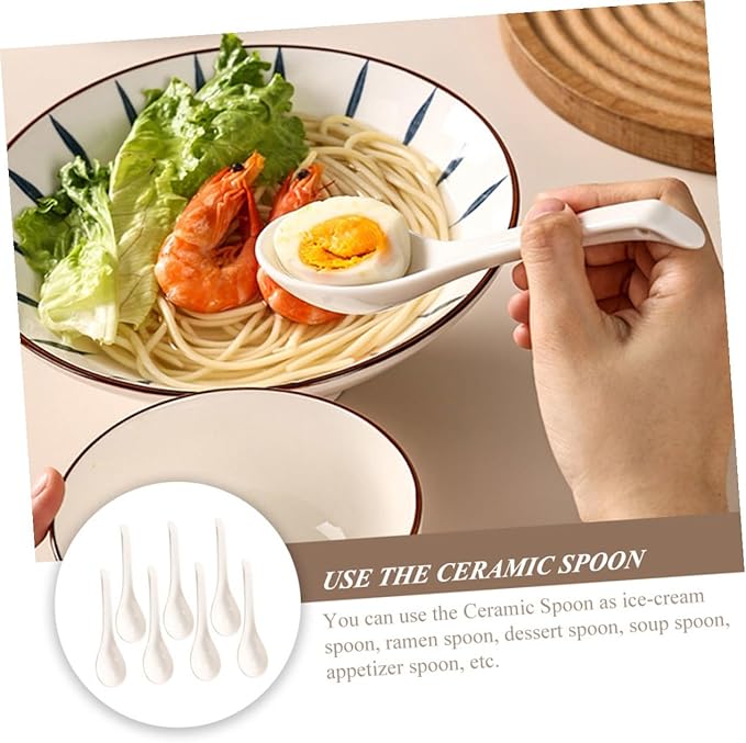 6Pcs White Ceramic Soup Spoons Small Rice Ladles Household Kitchen Utensils Porcelain Serving Spoons for Soup Porridge Dessert