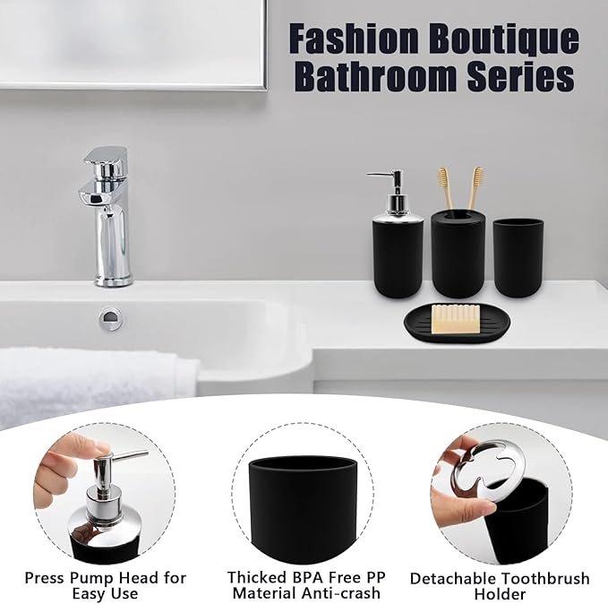 Bathroom Accessory Set, 4 pcs Shatter-Resistant Resin Bathroom Accessories Set Include Lotion Soap Dispenser Toothbrush Holder Soap Dish Modern Bathroom Decor, Gift for Home (Black 4pcs)