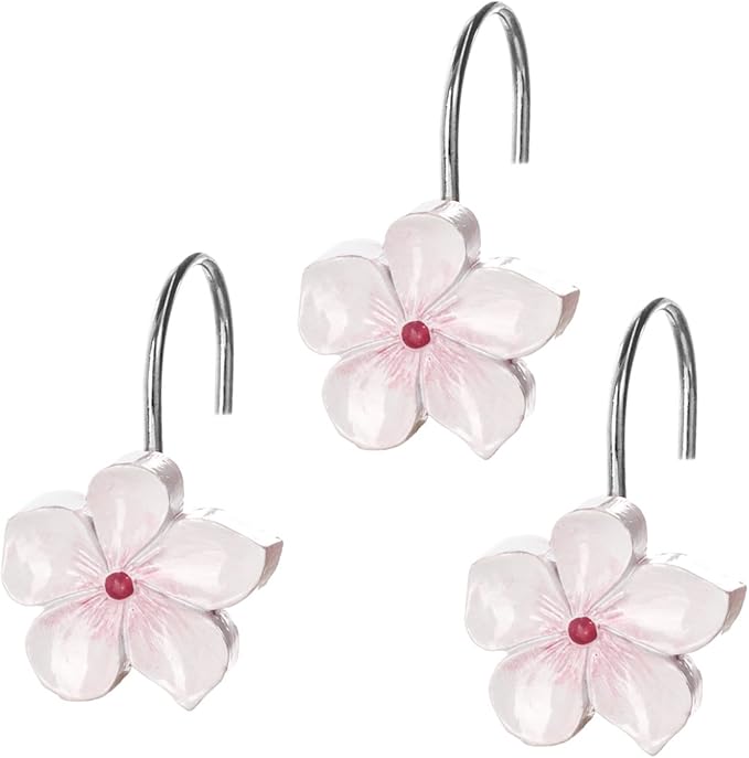 Creative Scents Vanda Cherry Blossom Shower Curtain Hooks Decorative Set of 12 Flower Shower Curtain Rings for Curtain - White and Pink Shower Hooks Bathroom Accessories Decor