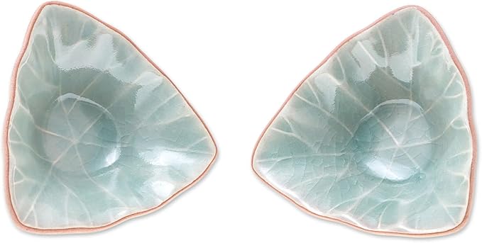 NOVICA Artisan Handmade Ceramic Condiment Servers Triangular Celadon Green Pair Thailand Tableware Serveware Leaf Tree [ 1.6in H x 4.3in W x 4.3in D 2 Oz.] ' Luxe Leaves in Green' Pair