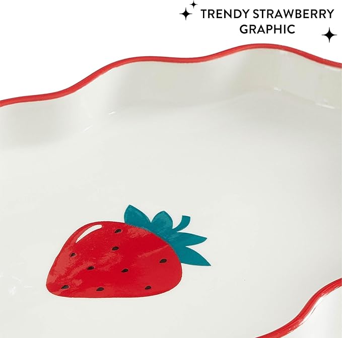 Ceramic Trinket Tray with Strawberry Design, Scalloped Edge Jewelry Dish for Vanity, Bathroom, and Desk, Small Catchall Container for Rings, Earrings, Coins, and Paper Clips