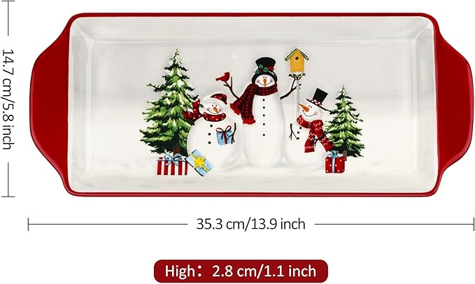 Joeyan Christmas Ceramic Dinner Plates,13.9" Xmas Serving Plate Dishes with Festive Holiday Snowman and Tree Patterns,Dinnerware for Dessert Salad Appetizer,Microwave and Dishwasher Safe
