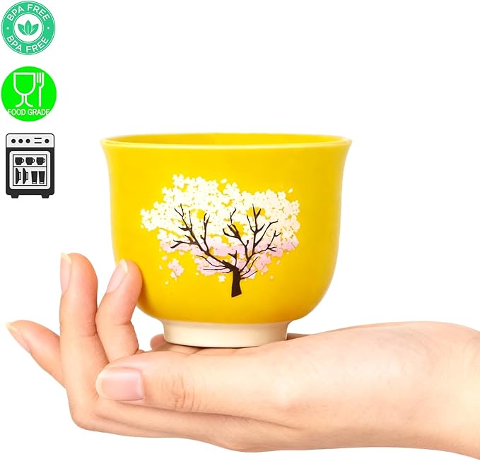 Heat Changing Sensitive Cherry Blossoms Tea Cup, Japanese Style Color Changing Coffee Mug, Unique Magic Coffee Tea Cup for Gift Valentines 4.4 oz/130ml (Yellow)