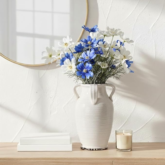 White Ceramic Vase with 4 Handles, 10.16" Tall Retro Ice Cracked Flower Vase, Antique Vases for Modern Farmhouse Home Decor, Wedding, Living Room, Table, Shelf Decor, Cracked White
