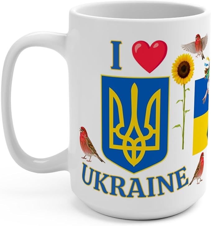 I Love Ukraine 15 oz Coffee Mug - Gift - Christmas Birthdays Gift; Tea Cup (White Handle)