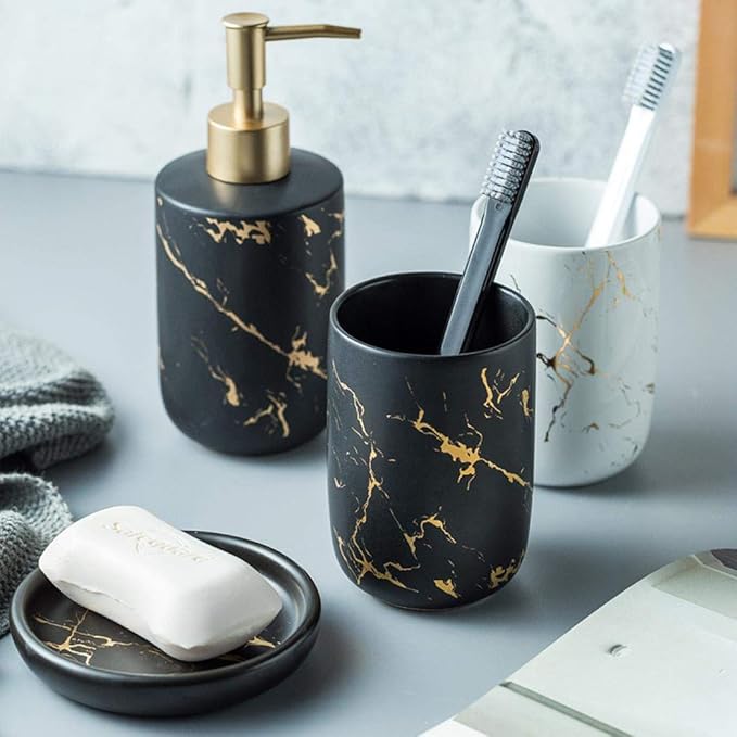 YYW Bathroom Accessory Set Ceramics Bathroom Set Accessories Complete Set Vanity Countertop Accessory Set Includes Soap Dish Lotion Dispenser Tumblers (Black（Four Piece）)