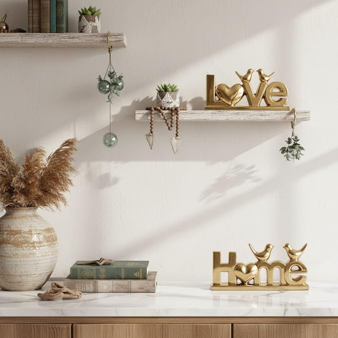 Ceramic Love & Home Sign Decor with Bird Statues Set 2,10" Modern Gold Tabletop Sculptures for TV Stand,Floating Shelf & Entryway,Romantic Wedding & Warm Housewarming Gift Set (Gold)
