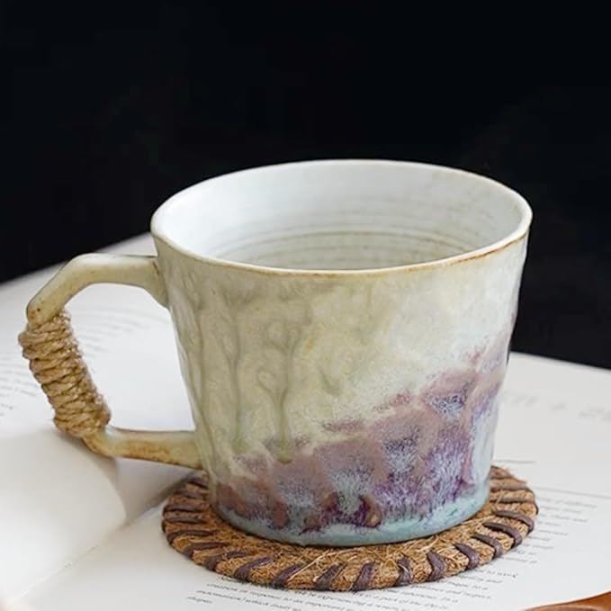 10oz Retro Vintage Japanese Style Handmade Ceramic Tea Cup with Handle, Lead-Free Reactive Glaze Artisanal Coffee Mug, Comfortable handle Handmade Pottery Tea Mug for office and home