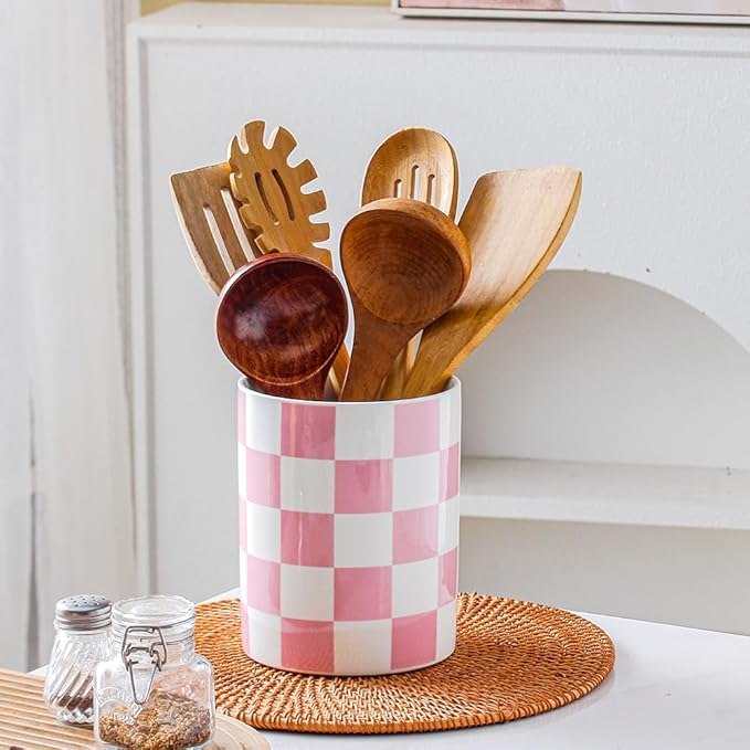 Kitchen Utensil Holder, 6.3 Inch Checkered Ceramic Cooking Utensil Holder Modern Utensil Crocks for Kitchen Counter-Farmhouse, Housewarming Gift, Decor and Accessories (Pink, 6.3 Inch)
