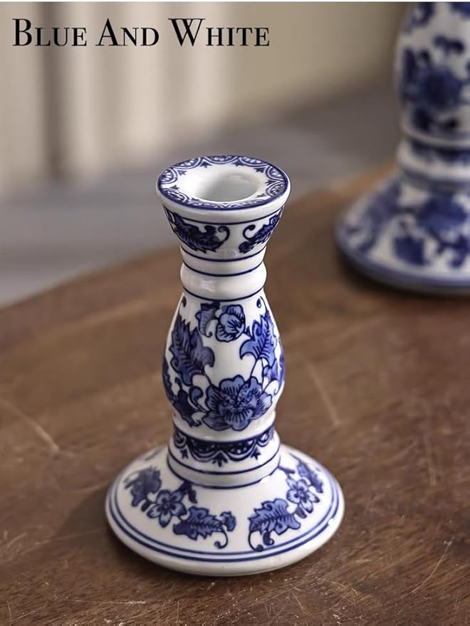 Blue and White Porcelain Ceramic House Candle Holder Chinese Traditonal Style Simple Home Candlestick Decoration Incense Stick (m)