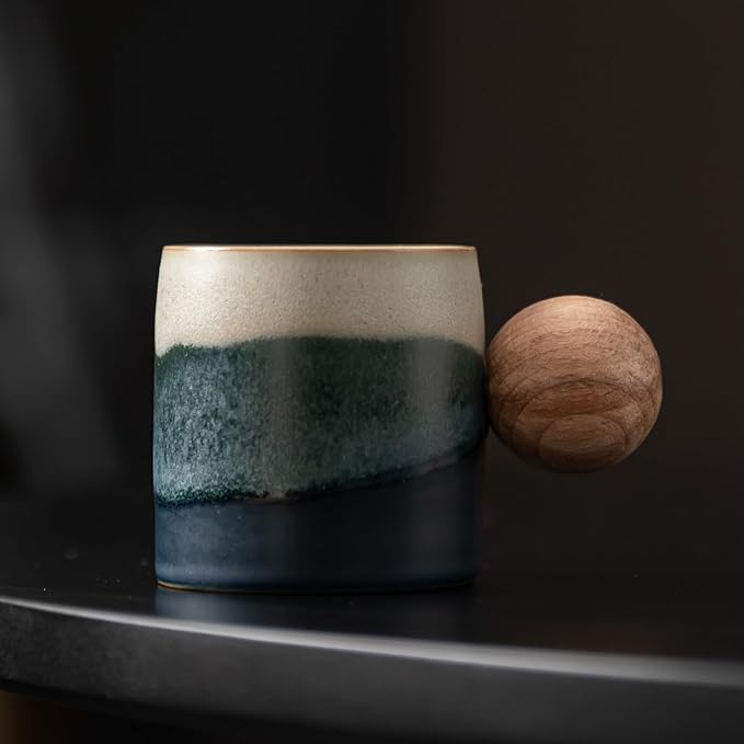 2-Oz Ceramic Espresso Cups with Wood Handle, 2/4-Piece Set for Coffee, Tea, Latte - Dishwasher Safe, Multi-Color & Wood Styles, Gift & Café Use (Kiln turning blue, Round Handle4)