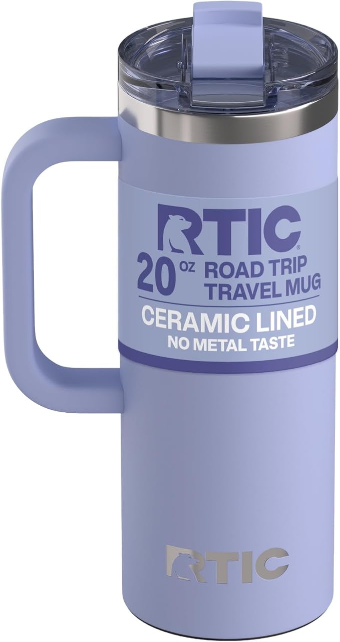 RTIC 20oz Road Trip Travel Mug with Lid and Handle, Ceramic Lined, Insulated, Stainless Steel, Metal, Double Wall Vacuum-Insulation, Portable Coffee, Tea Cup for Hot and Cold Drink, Periwinkle