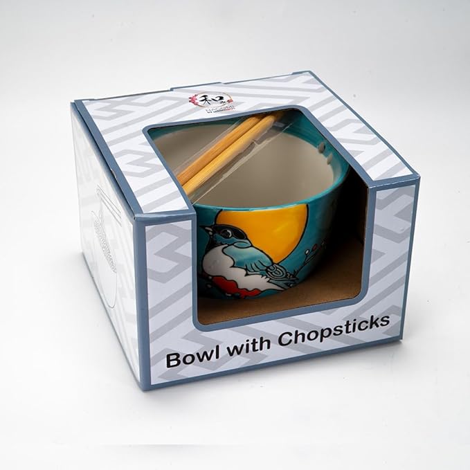 Urban Tokyo Handpainted Ceramic Glazed Japanese Ramen Udon Noodle Rice Bowl With Chopsticks 20 fl oz 5 inch Diameter Bowl Sets Color Box Packaging (Robin Bird)