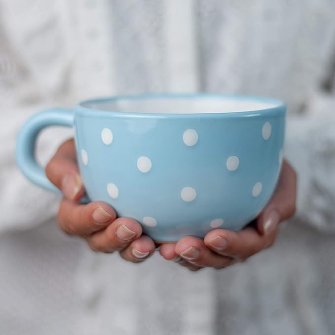 City to Cottage Handmade Ceramic Designer Light Blue and White Polka Dot Cup, Unique Extra Large 17.5oz/500ml Pottery Cappuccino, Coffee, Tea, Soup Mug | Housewarming Gift for Tea Lovers