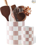 Utensil Holder，7.1"+5.8" Ceramic Kitchen Utensil Holder for Counter top, Checkered Cooking for Spatula & Spoon, Kitchen Decor, Set of 2 (Purplish-pink Checkered)