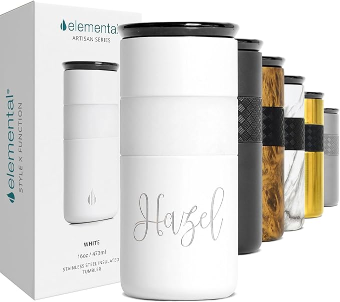 Elemental Personalized Artisan Insulated Tumbler, Triple Wall Coffee Travel Tumbler, Reusable Stainless Steel Coffee Tumbler with Ceramic Lid, Thermal Coffee Cups for Hot & Cold 16oz - Matte White