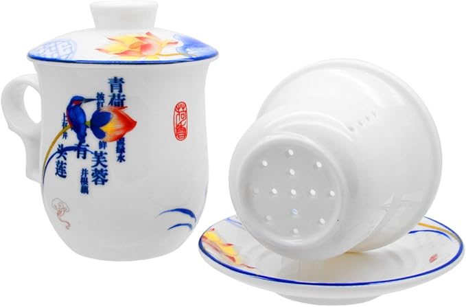 Porcelain Tea Cup with Infuser Lid and Saucer Sets - Chinese Jingdezhen Ceramics Coffee Mug Teacup Loose Leaf Tea Brewing System for Home Office