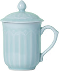 Porcelain Lotus Tea Cup with Lid and Handle, 12 oz Unique Coffee Mug, Microwave Dishwasher Safe, Gifts for Women and Men, Aesthetic Chinese Celadon 1 Pack (Ivory Blue)