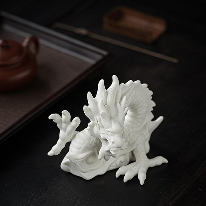 SWLOM Garden Decor Chinese Feng Shui White Dragon Figurine, Asian Patio Decor, Ceramic Oriental Dragon Sculpture Tabletop Ornaments