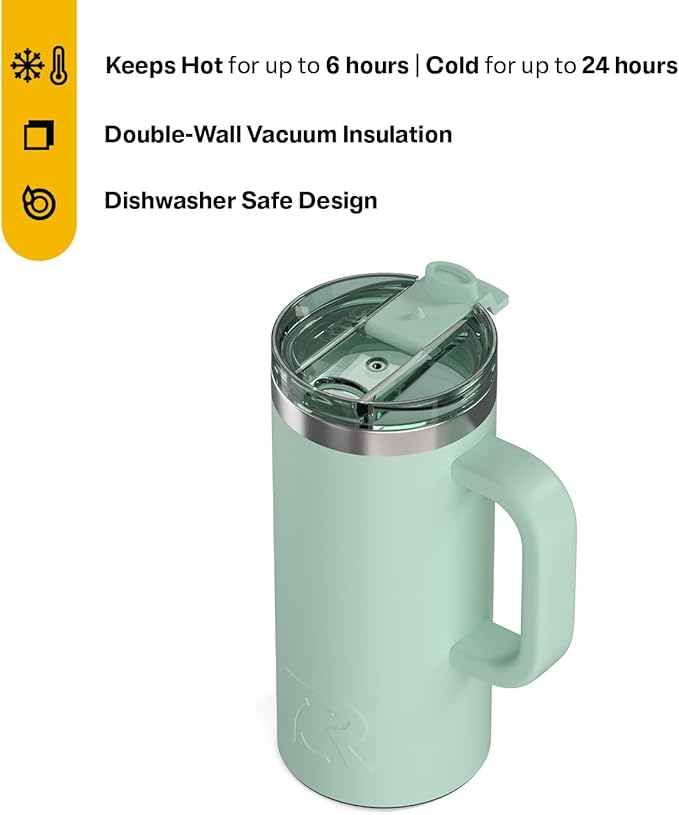 RTIC 16oz Road Trip Travel Mug with Lid and Handle, Ceramic Lined, Insulated, Stainless Steel, Metal, Double Wall Vacuum-Insulation, Portable Coffee, Tea Cup for Hot and Cold Drink, Fresh Mint