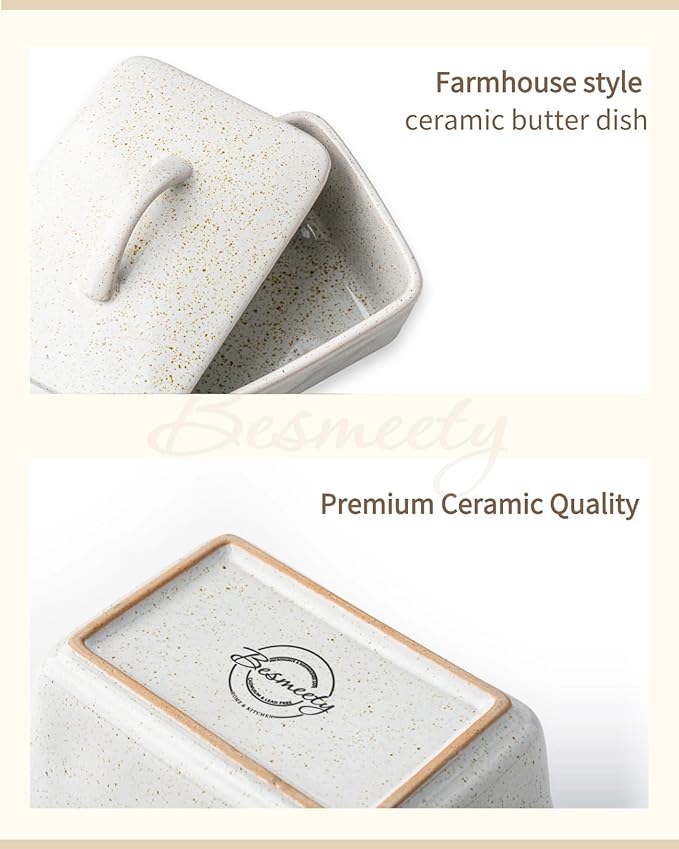Besmeety Ceramic Butter Dish with Lid for Countertop, European 250g Butter Keeper, Vintage Farmhouse Decor (Gray)
