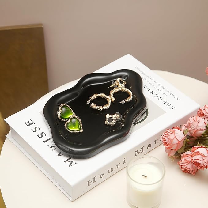 Jewelry Dish Trinket Tray for Women, Ring Dish Holder, Unique Cloud Shape Ceramic Plate Cute Things Vanity Aesthetic Room Decor Mother's Day Birthday (Balck)