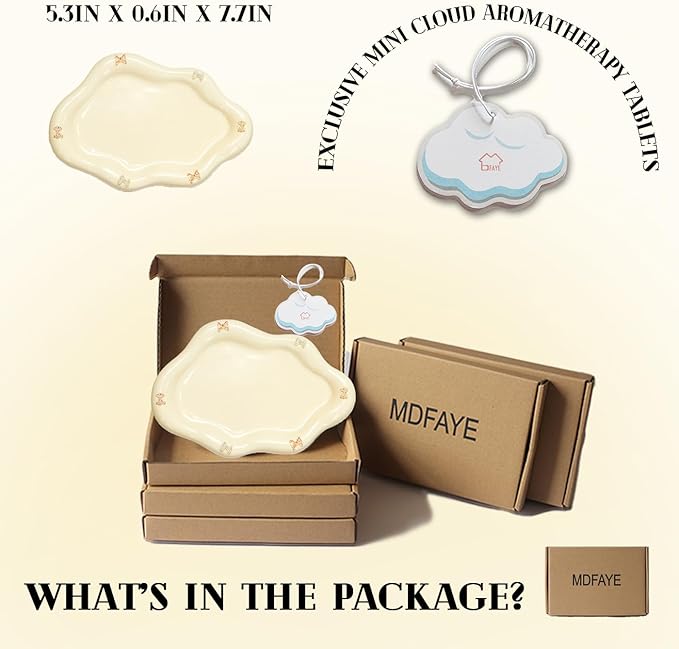 Jewelry Dish Trinket Tray for Women, Ring Dish Holder, Unique Cloud Shape Ceramic Plate Cute Things Vanity Aesthetic Room Decor Mother's Day Birthday (Bow Cream)