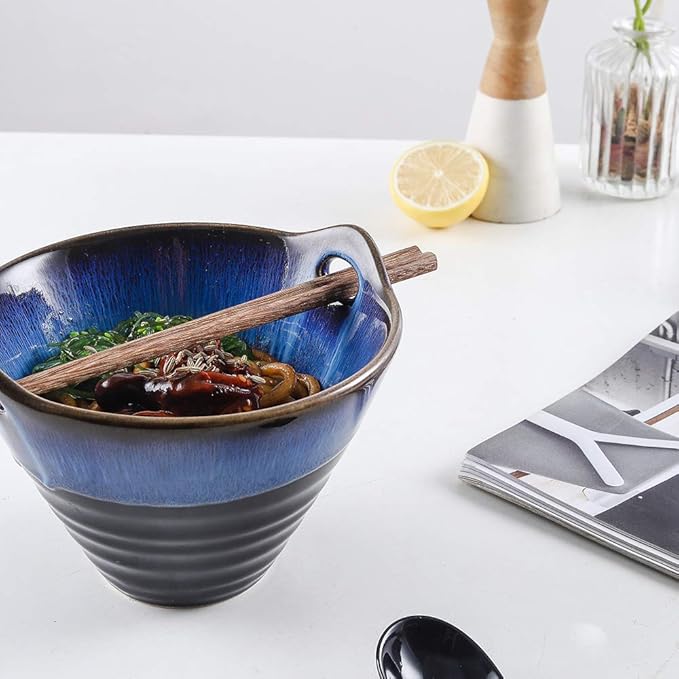 KOOV Porcelain Japanese Ramen Bowls with Chopsticks and Spoons, 26 Ounce, Deep Pho Bowl, Reactive Glaze (Blue Galaxy), Set of 2