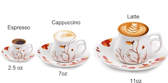 GuangYang 2.5 oz Espresso Cups and Saucers set of 6,Fall Design (Cute Shape for Double Espresso Shots, Ristretto, Macchiato,Café Cubano, and Turkish Coffee)