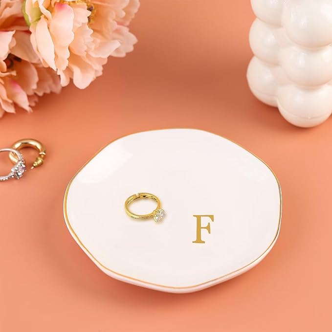 Ceramic Jewelry Tray, Personalized Initial Ring Dish, Elegant Trinket Tray for Rings Earrings Bracelet Necklaces, White Decorative Jewelry Holder for Women Vanity, 4.5 Inch, Letter F
