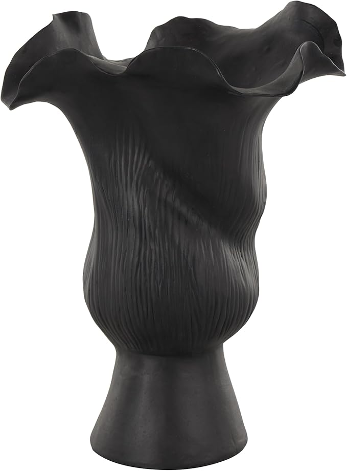 Deco 79 Ceramic Abstract Floral Inspired Vase with Wavy Folded Rim and Linear Grooves, 8" x 7" x 11", Black