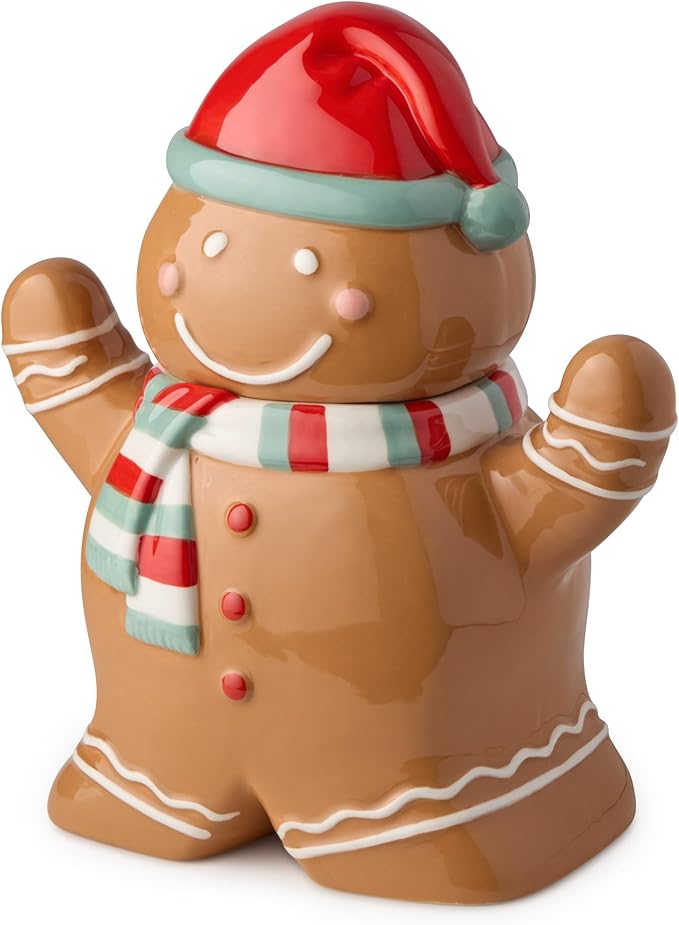Christmas Whimsy Gingerbread 3-D Cookie Jar – Holiday Ceramic Treat Jar with Smiling Gingerbread Wearing Red Hat & Scarf – Airtight Storage for Cookies, Candies & Festive Kitchen Decor