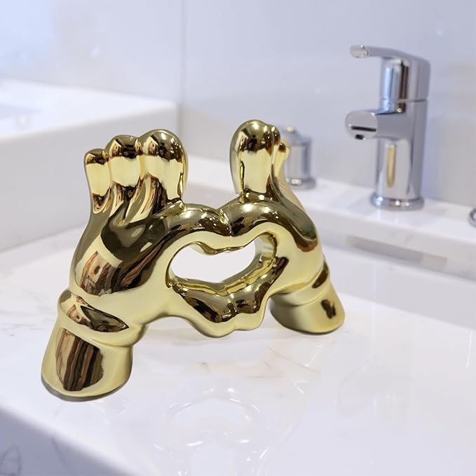 Zerzsy Heart Hands Sculpture Figurine Decor, 2 PCS Small Statue Shelf Decorative for Living Room Coffee Table, Loving Finger Statues Valentines Day Decorations Home Decor-Gold & Silver