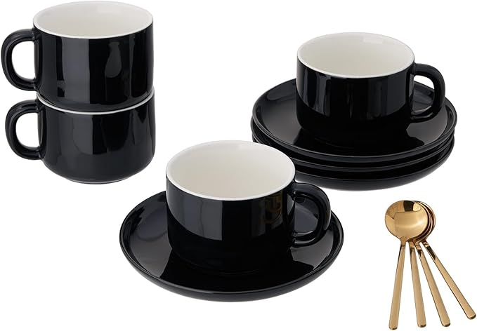 8oz Cappuccino Cups Set of 4, Ceramic Coffee Cups and Saucers Set with Spoons, Black Durable Coffee Cups for Cappuccino Espresso Latte Mocha Au Lait Macchiato Cafe