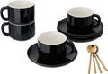8oz Cappuccino Cups Set of 4, Ceramic Coffee Cups and Saucers Set with Spoons, Black Durable Coffee Cups for Cappuccino Espresso Latte Mocha Au Lait Macchiato Cafe
